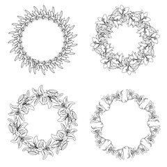 Set of wreaths of lilies in doodle style. Vector illustration isolated on white background.