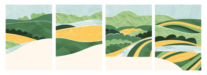 Abstract background collage with nature design, vector pattern, green field, mountain, rice, tea, organic textures. Modern art illustration, summer adventure poster, vintage cover, eco-friendly layout