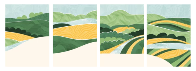 Fototapete Rund Abstract background collage with nature design, vector pattern, green field, mountain, rice, tea, organic textures. Modern art illustration, summer adventure poster, vintage cover, eco-friendly layout © Maria Petrish