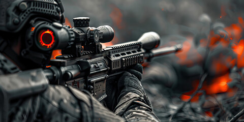 Close-up of Soldier Aiming Rifle with Optical Sight and Illuminated Helmet Optic