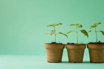 Pots with seedlings on a light green background, concept of agriculture, growing on a windowsill. Copy space