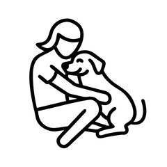 cuddling with a dog icon, dog day line art, dog day icon - simple black line art icon of cuddling with a dog, for dog day celebrations. dog day vector art.