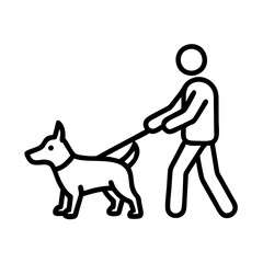 dog and owner walking icon, dog day line art, dog day icon - simple black line art icon of dog and owner walking, for dog day celebrations. dog day vector art.