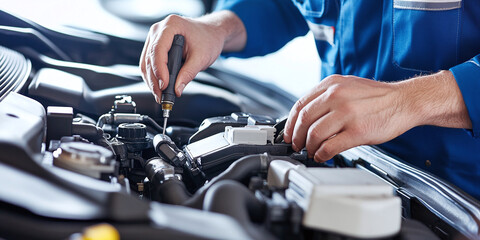 Obraz premium A close-up of a skilled mechanic's hands using professional tools to repair a car engine in a garage, showcasing precision and expertise in automotive maintenance.