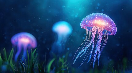  A cluster of jellyfish hovering atop a tranquil body of water adjacent to a verdant, expansive field of lush green grass