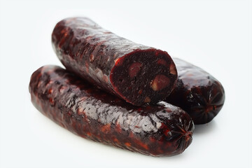 Black pudding isolated, blood sausage kaszanka, morcilla de burgos terrine, brawn sausages made of pig's blood, pork offal, liver and buckwheat on white