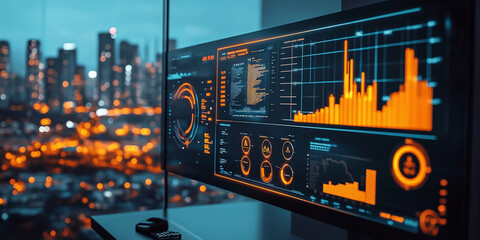 A digital dashboard showing financial data and charts on a sleek black glass screen, placed on an office desk with a cityscape view in the background.