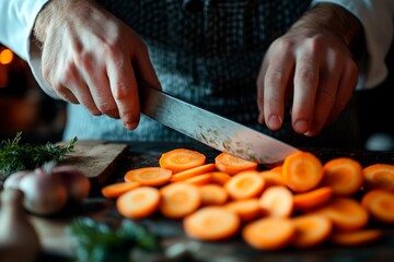 Skilled hands slicing vibrant carrots in a cozy kitchen setting during twilight