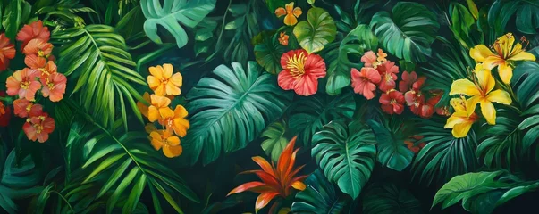 Fototapete Rund Lush Green Foliage with Vibrant Flowers Creating a Tropical Paradise © Valentyna