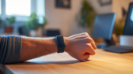 Male employee using a small massage device on his wrist in a modern office, Work discomfort, repetitive strain
