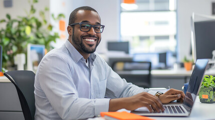 Fototapeta premium Smiling male employee at his desk, typing on a laptop in a bright and organized office, Office worker, professional setting