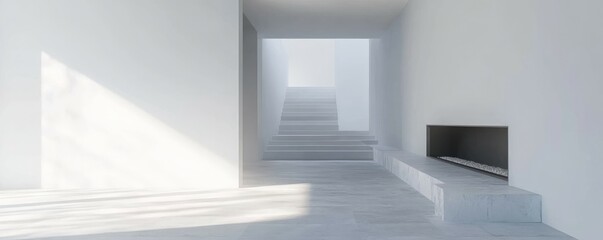 Fototapeta premium Minimalist living room interior with a modern fireplace and white walls. Interior layout,