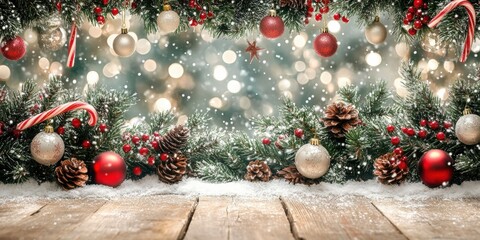 Festive Christmas backdrop featuring pine branches, ornaments, and subtle snowfall, perfect for holiday promotions and seasonal decorations.