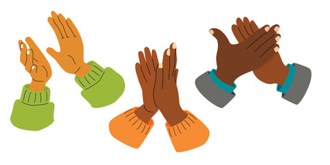 Clapping hands cartoon collection.Colorful designs set of applause isolated on white background.Human palms of different skin colors in gestures of approval.Vector flat style illustration.