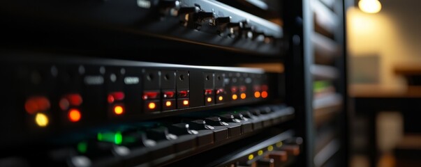 Modern Rack LED console in server room data center.