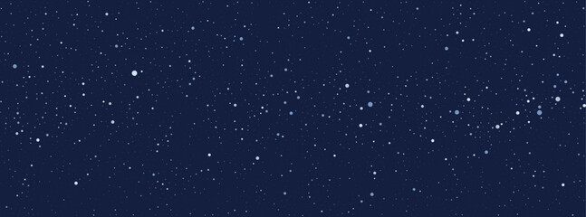 Snow particles scattered on dark blue background. Seamless realistic falling snow or snowflakes pattern. Vector Christmas border.