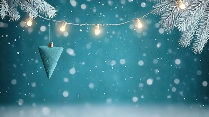   An ornament, festooned with lights and snowflakes, dangles against a teal-blue backdrop on a Christmas tree