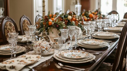 Fototapeta premium Elegant dining table set for a festive occasion with fine china, sparkling glassware, and a stunning floral centerpiece