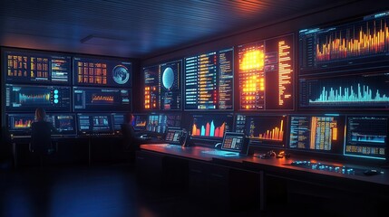 A control room with glowing dashboards showing cloud data analytics, IT professionals managing systems in realtime, cinematic focus