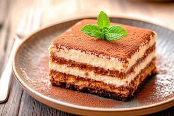 Deliciously crafted tiramisu dessert with cocoa and mint garnish on a rustic plate