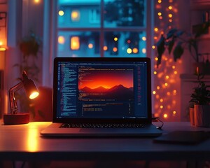 A glowing laptop screen displaying remote access to a virtualized server, set in a cozy home office with cinematic shadows