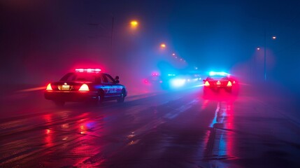 Police cars chase through foggy night  intense pursuit with flashing lights and tense atmosphere