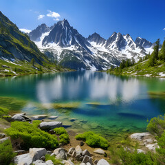 Spectacular Panorama of Untouched Wilderness: Lake, Foliage, and Snow-Capped Mountains