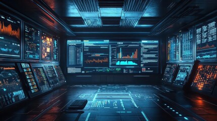 Obraz premium A serene data lab where glowing charts highlight breakthroughs in cloud storage innovation, cinematic textures
