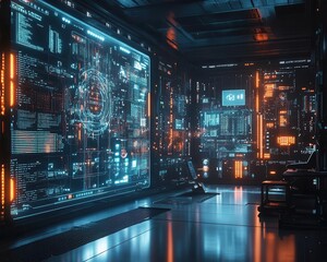 Obraz premium A serene data lab where glowing holographic models display innovative server designs, cinematic shadows