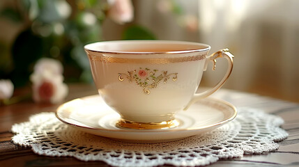 Elegant tea cup with floral design rests on a delicate lace doily