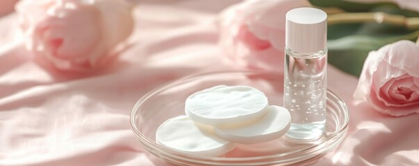 Micellar cleansing water and pads for removing makeup and cleansing the skin from sebum. The concept of beauty. Skin care. Place dl