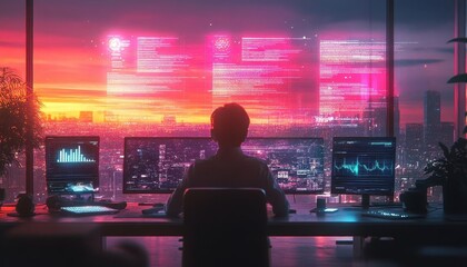 A serene workspace where a manager reviews glowing costefficiency metrics on a holographic dashboard
