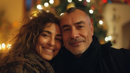 A joyful Hispanic-American couple enjoys a vibrant new year celebration surrounded by friends and festive decorations