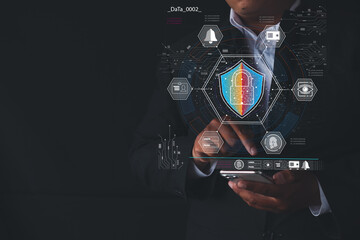 Businessman using smartphone withData Protection and Cyber Security with Digital Lock Icons,Technology for Information Security and Privacy.