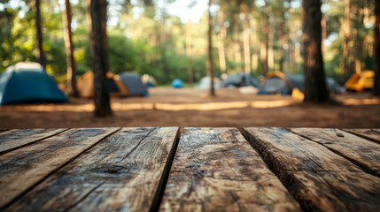  "Nature Retreat: Wood Table with Blurred Tents and Camping Scene in the Forest"

