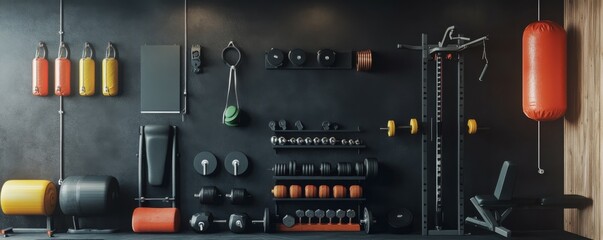 Modern gym interior with sports and fitness equipment on a black wall background - visualization