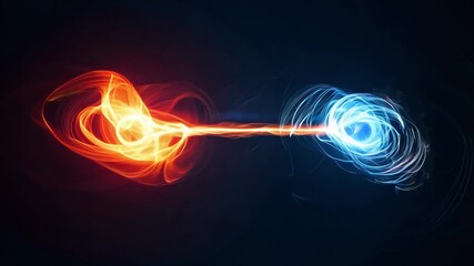 Dynamic energy transfer between fiery orange and cool blue spheres