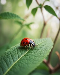 Fototapeta premium Vibrant Ladybug Crawling on Lush Green Leaf in Tranquil Nature Setting