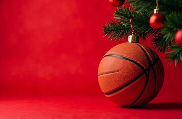 Basketball as toy on Christmas tree branch. New Year's advertising banner for store selling sporting goods. Poster of basketball match. Red background. Blank space for text. Copy space