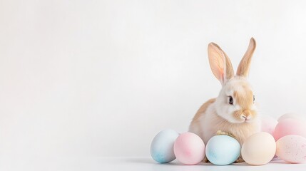 A playful bunny surrounded by pastel Easter eggs, evoking feelings of joy, innocence, and the spirit of the holiday.
