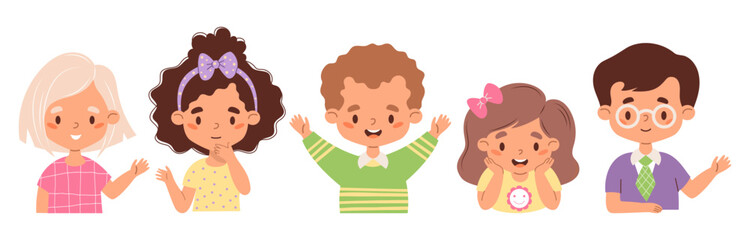 Kids happy collection. Cute diverse white girls and boys. Isolated children avatar portraits. Vector illustration