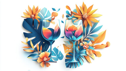 Obraz premium A graphic cut-out style image of elegant wine glasses surrounded by botanical elements, golden foliage replaced with bold geometric shapes and tropical leaves in vivid blue, teal