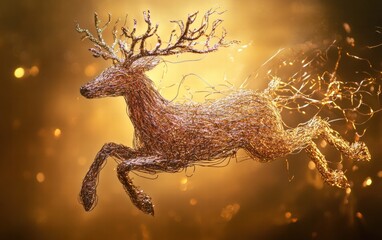 Fototapeta premium A reindeer sculpture made of metallic wires and covered in shimmering tinsel, floating dynamically on a warm gold background