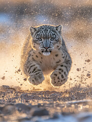 Fototapeta premium Adult Snow Leopard Running Fast in Early Morning Light