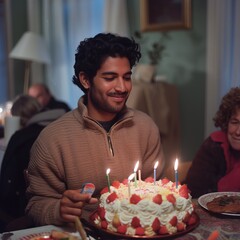 An Indian-American man celebrates his birthday surrounded by friends, cake, and laughter in a joyful setting