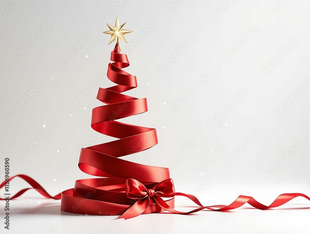Poster a vibrant red ribbon tree, adorned with a golden star, stands tall against a soft, snowy backdrop. e