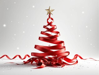 Elegant red ribbon forms a Christmas tree shape.