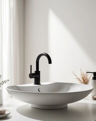 Fototapeta premium Modern bathroom sink with black faucet and decor