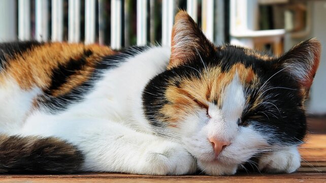 Wonderful Calico cat laying outdoor on wooden surface 