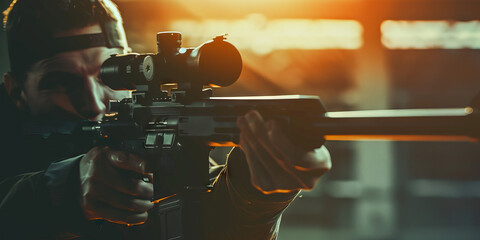 Fototapeta premium Person Aiming Rifle with Scope